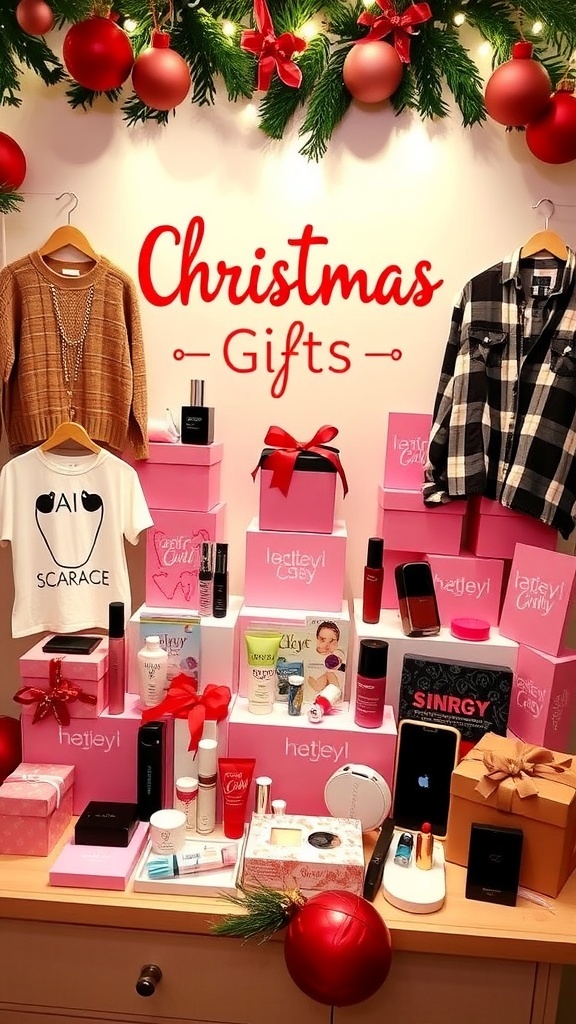 A collection of trendy Christmas gifts for teen girls, including clothing, beauty items, and tech gadgets, arranged in a festive setting.